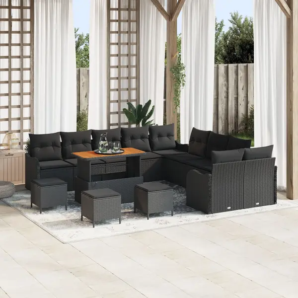 Set canapea gradina Gossi 13 piese cu perne negru poliratan acacia, set canapea gradina Gossi 2 locuri cu perne negru poliratan, set dining gradina Gossi 3 piese cu perne negru poliratan acacia