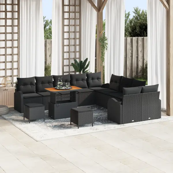 Set canapea gradina Gossi 13 piese cu perne negru ratan poliester acacia, canapea gradina Gossi 2 locuri cu spatiu depozitare & perne negru ratan poliester, set masa gradina Gossi 3 piese cu perne negru ratan poliester acacia