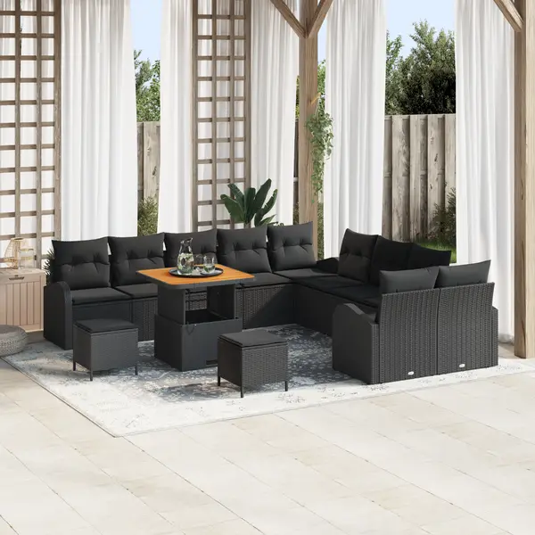 Set canapea gradina Gossi 13 piese cu pernite negru poliratan acacia, canapea gradina Gossi 2 locuri spatiu depozitare & pernite negru poliratan, set dining gradina Gossi 3 piese cu pernite negru poliratan acacia