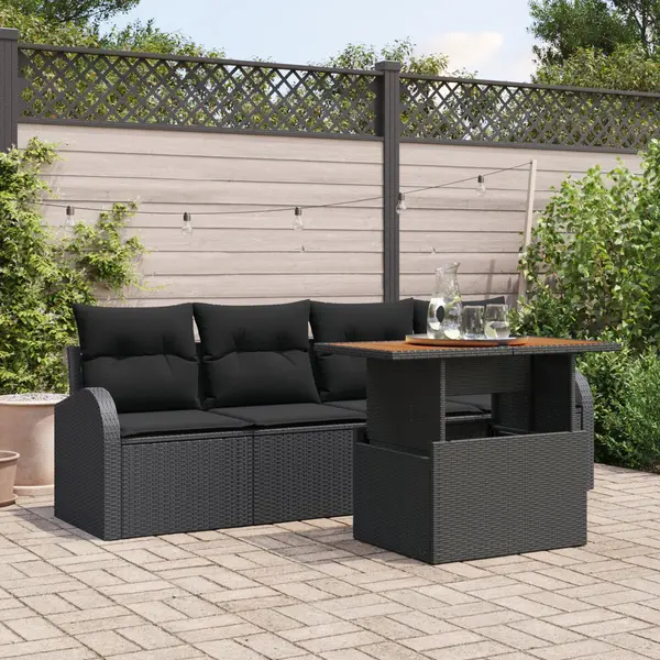 Set canapea gradina Gossi 5 piese cu perne negru ratan poli, canapea gradina Gossi pentru 2 persoane cu spatiu de depozitare si perne negru ratan poli