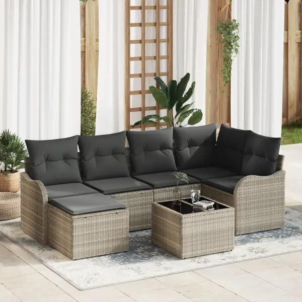 Set canapea gradina Gossi 7 piese perne gri poliratan, canapea gradina Gossi 2 locuri storage & perne gri deschis poliratan