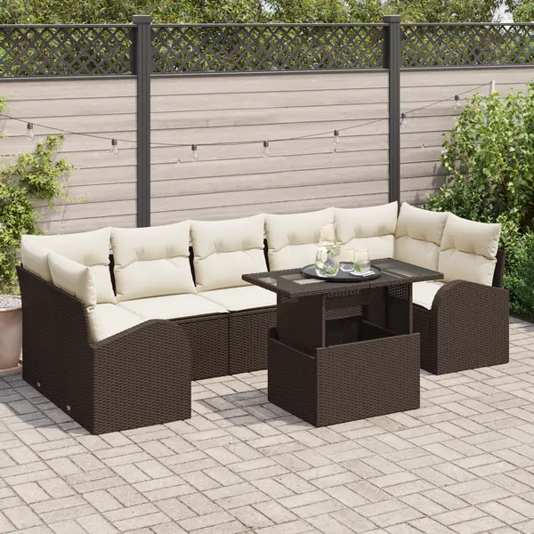 Set canapea gradina Gossi 8 piese cu perne maro din ratan poli, canapea gradina Gossi pentru 2 persoane cu spatiu stocare & perne maro din ratan poli