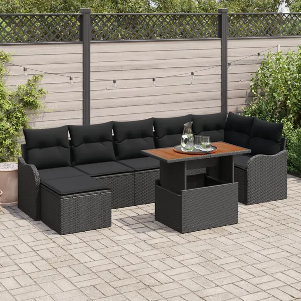 Set canapea gradina Gossi 8 piese cu perne negru poli ratan acacia, canapea gradina Gossi 2 locuri cu perne negru poli ratan