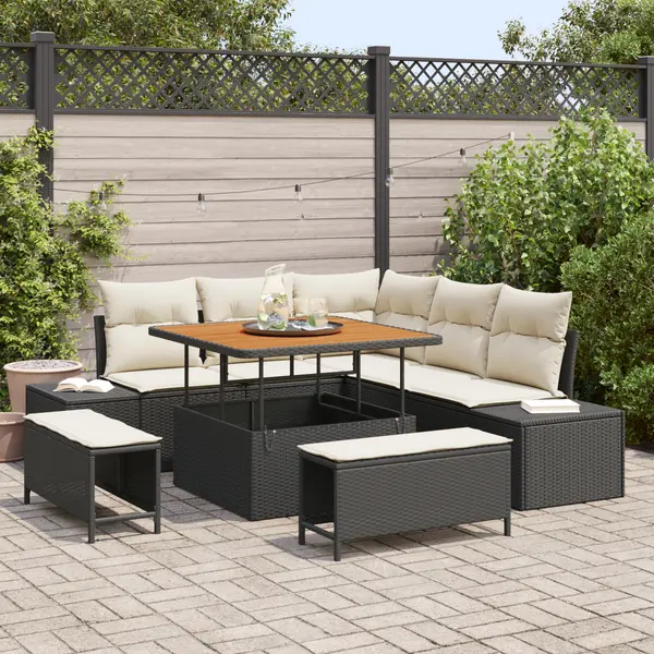 Set canapea gradina Gossi 8 piese cu perne negru poliratan acacia, canapea gradina cu depozitare si perne Gossi 2 locuri negru poliratan, set dining gradina Gossi 3 piese cu perne negru poliratan acacia