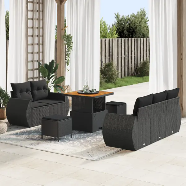 Set canapea gradina Gossi 8 piese cu perne negru ratan plastic acacia, set dining gradina Gossi 3 piese cu perne negru ratan plastic acacia