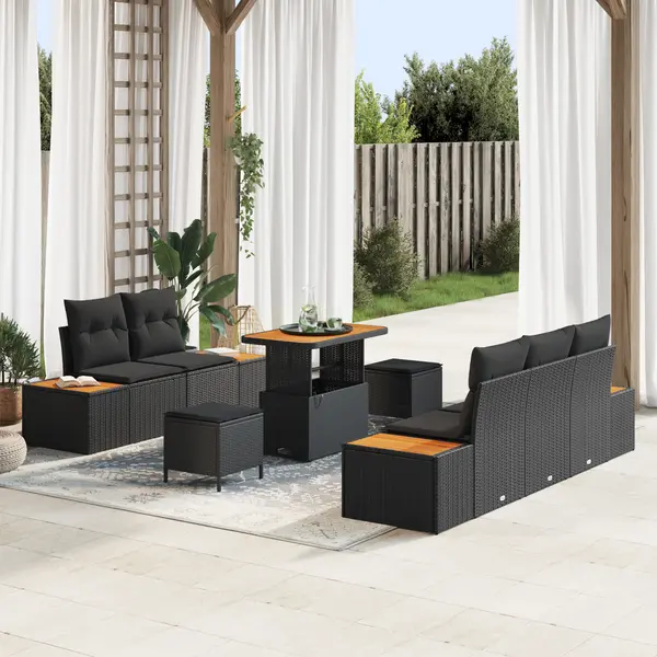 Set canapea gradina Gossi 8 piese cu perne ratan polimer negru acacia, set masa si canapea gradina Gossi 3 piese cu perne ratan polimer negru acacia