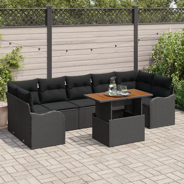 Set canapea gradina Gossi 8 piese si perne negru ratan poli acacia, canapea gradina Gossi 2 piese si perne negru ratan poli