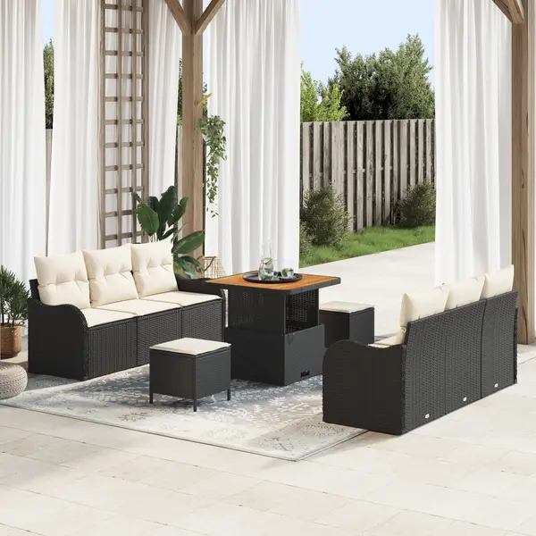 Set canapea gradina Gossi 9 piese cu perne negre din ratan poli acacia, canapea gradina Gossi 2 locuri cu depozitare si perne negre din ratan poli, set dining gradina Gossi 3 piese cu perne negre din ratan poli acacia