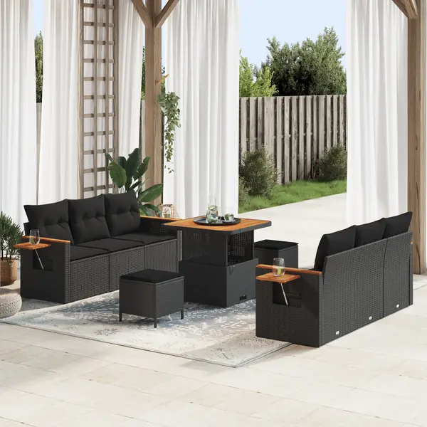 Set canapea gradina Gossi 9 piese cu perne rachita neagra acacia, set dining gradina Gossi 3 piese cu perne rachita neagra acacia