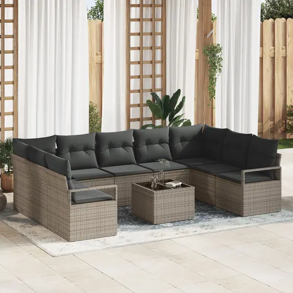 Set canapea gradina Gossi 9 piese cu perne ratan poli negru, canapea gradina Gossi 2-persoane cu depozitare & perne ratan poli gri