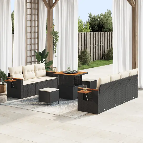Set canapea gradina Gossi cu 10 piese perne negre rattan pe acacia, set dining gradina Gossi cu 3 piese perne negre rattan pe acacia