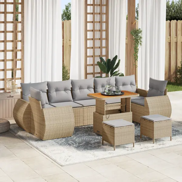 Set canapea gradina Gossi cu 10 piese si perne bej din ratan polimer acacia, set dining gradina Gossi cu 3 piese si perne bej din ratan polimer acacia