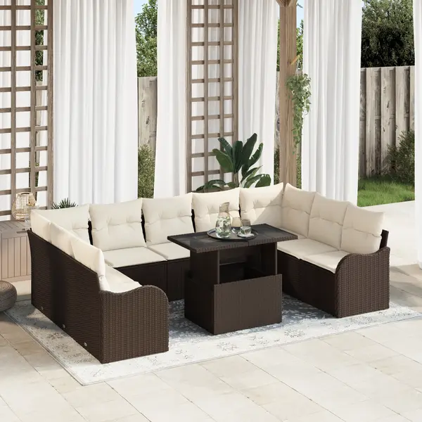 Set canapea gradina Gossi cu 10 piese si perne maro ratan polimer, canapea gradina Gossi 2 locuri perne maro ratan polimer