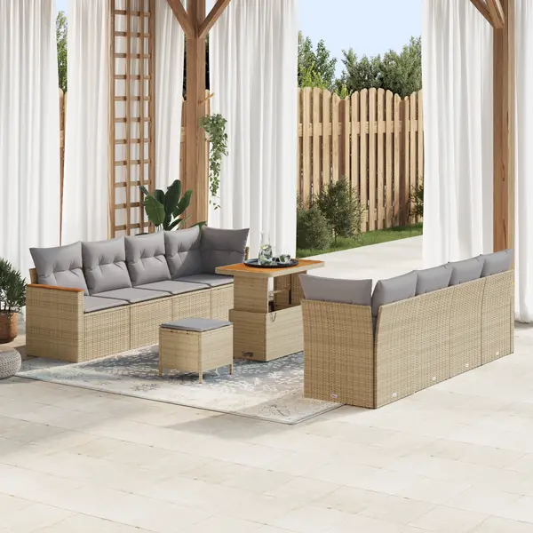 Set canapea gradina Gossi cu 11 piese si perne bej din ratan polimeric acacia, set dining gradina Gossi cu 3 piese si perne bej din ratan polimeric acacia