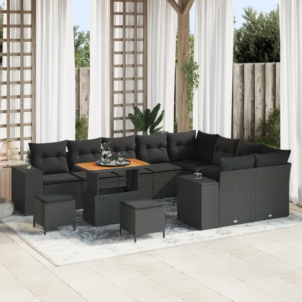 Set canapea gradina Gossi cu 12 piese cu perne negru poliratan acacia, set de dining gradina Gossi cu 3 piese cu perne negru poliratan acacia