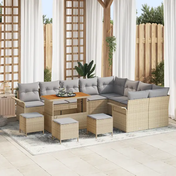 Set canapea gradina Gossi cu 13 piese si perne bej din poliratan acacia, set dining gradina Gossi cu 4 piese si perne bej din poliratan acacia, canapea gradina 2 persoane Gossi cu perne bej din poliratan