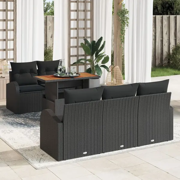 Set canapea gradina Gossi cu 6 piese si perna neagra din ratan, canapea gradina Gossi 2 locuri cu depozitare & perne negre din ratan