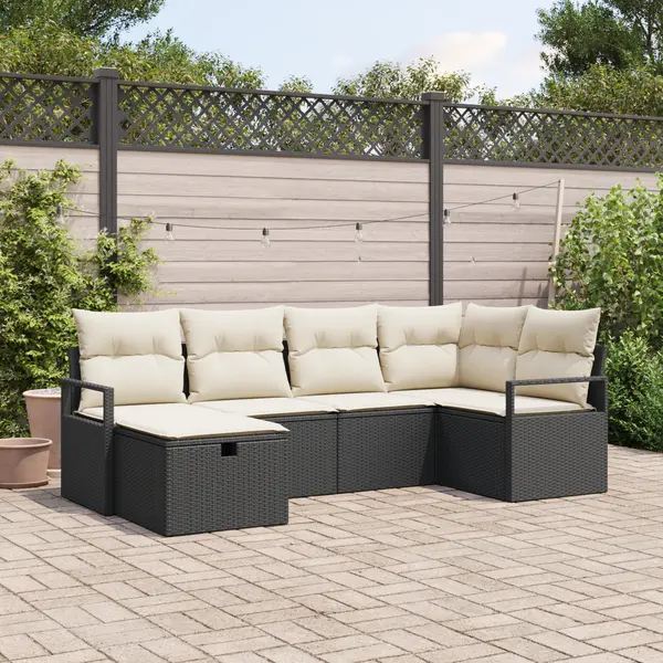 Set canapea gradina Gossi cu 6 piese si perne din ratan poliesteric negru, canapea gradina Gossi cu 2 locuri si perne din ratan poliesteric negru