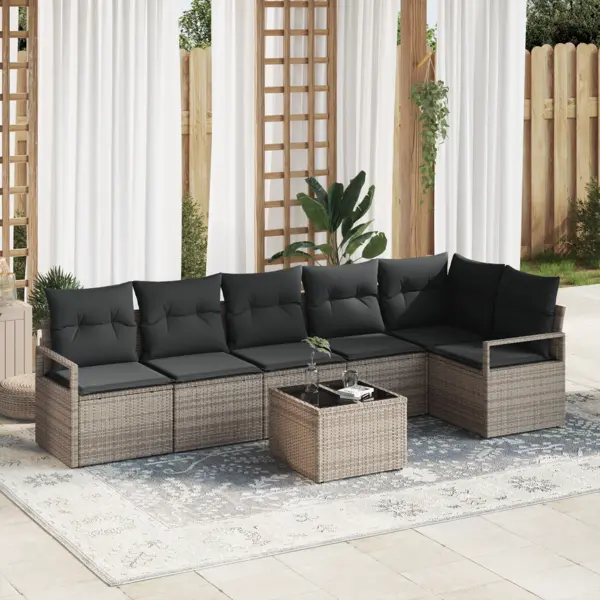 Set canapea gradina Gossi cu 6 piese si perne negre rattan pe, canapea gradina Gossi cu 2 locuri si spatiu stocare si perne gri rattan pe