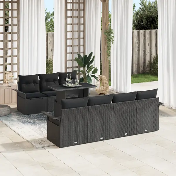 Set canapea gradina Gossi cu 8 piese cu perne negru poliratan, canapea gradina Gossi cu 2 locuri cu spatiu de stocare & perne negru poliratan