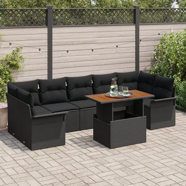 Set canapea gradina Gossi cu 8 piese si perne ratan negru poliester, canapea gradina Gossi cu 2 locuri si spatiu de stocare & perne ratan negru poliester