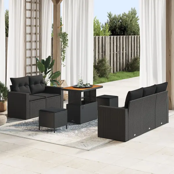 Set canapea gradina Gossi cu 8 piese si perne ratan poli negru acacia, set dining gradina Gossi cu 3 piese si perne ratan poli negru acacia