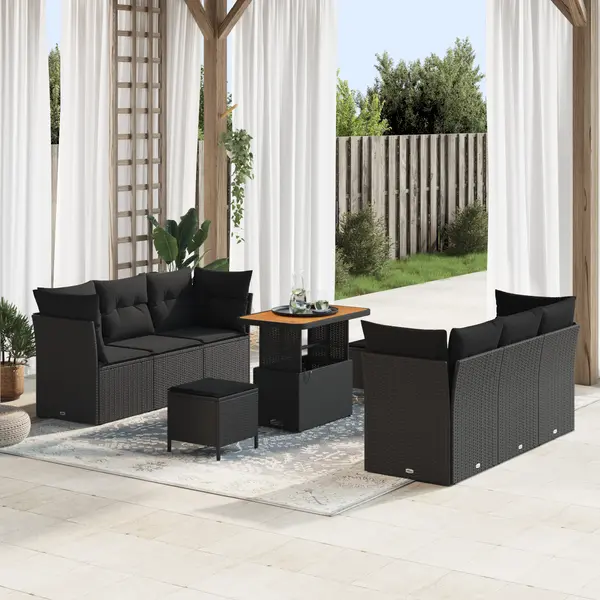 Set canapea gradina Gossi cu 9 piese si perne din ratan polimer negru acacia, set dining gradina Gossi cu 3 piese si perne din ratan polimer negru acacia