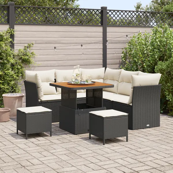 Set canapea gradina Gossi cu perne 8 bucati ratan negru, set dining gradina Gossi cu perne 3 bucati ratan negru