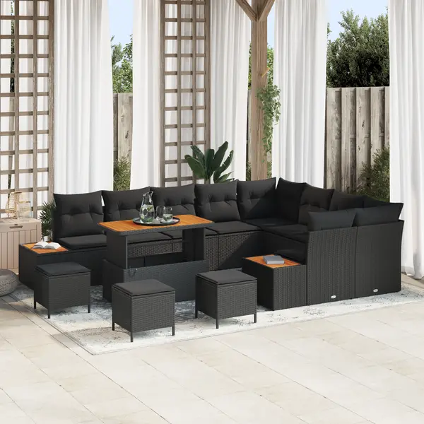Set canapea gradina Gossi cu perne negre din ratan poli si acacia, canapea gradina Gossi cu spatiu depozitare si perne negre din ratan poli, set dining gradina Gossi cu 4 piese si perne negre din ratan poli si acacia