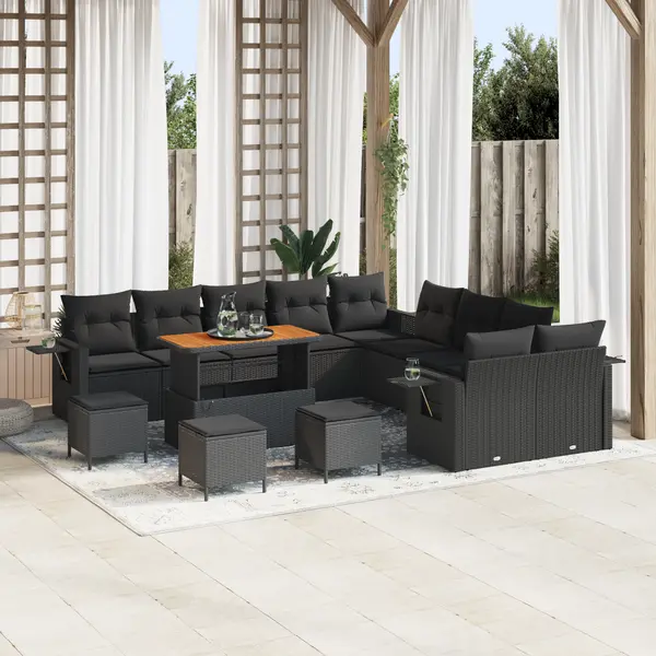 Set canapea gradina Gossi cu perne negre din ratan sintetic si acacia, set dining gradina Gossi cu 4 piese, perne negre din ratan sintetic si acacia