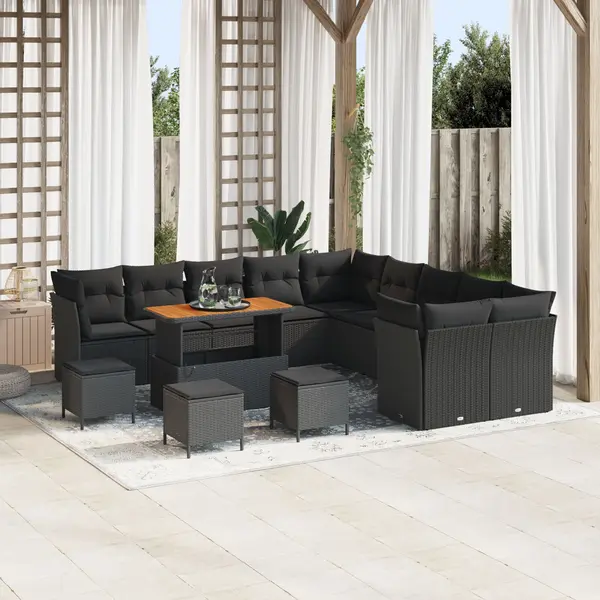 Set canapea gradina Gossi cu pernute 14 piese ratan polietilena neagra acacia, set dining gradina Gossi cu pernute 4 piese ratan polietilena neagra acacia