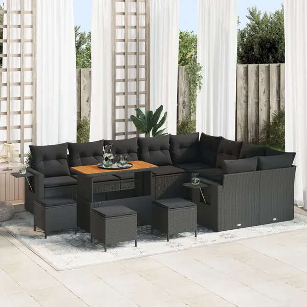 Set canapea gradina Gossi de 13 piese cu perne ratan poli negru, set dining gradina Gossi de 4 piese cu perne ratan poli negru