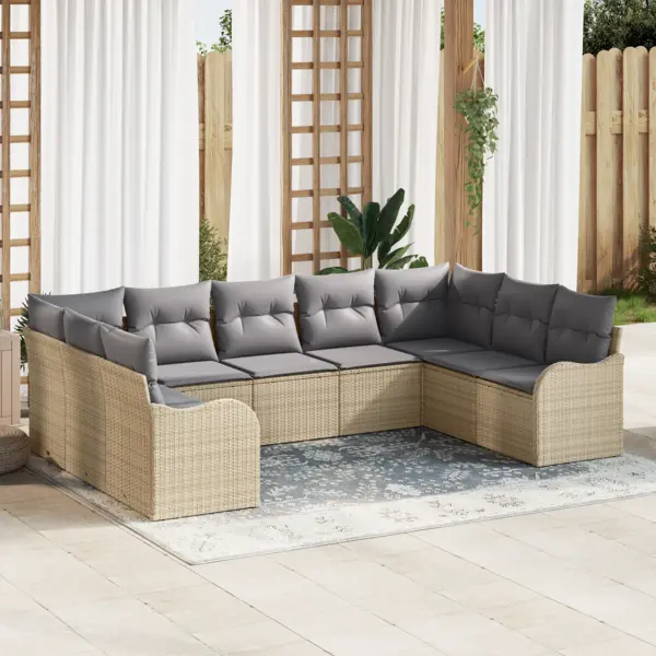 Set canapea pentru gradina Gossi cu 9 piese si perne bej din rattan polimeric, canapea pentru gradina Gossi cu 2 locuri si depozitare & perne bej din rattan polimeric