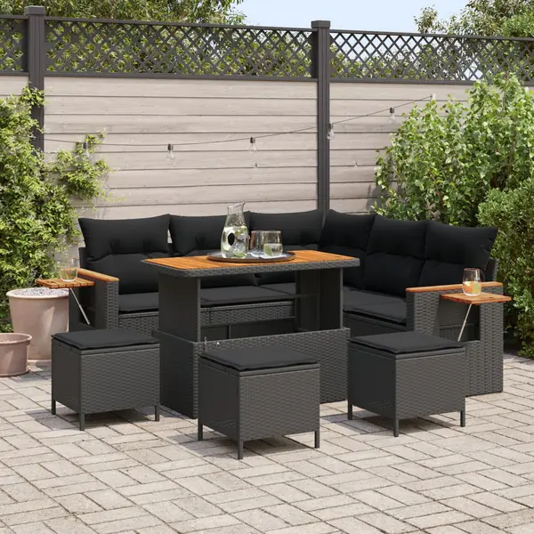 Set canapea pentru gradina Gossi de 8 piese cu perne negru poli ratan acacia, set de 3 piese pentru gradina Gossi cu perne negru poli ratan acacia
