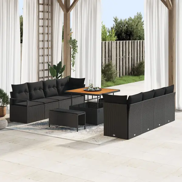 Set canapele de gradina Gossi 11 piese, cu perne, negru, ratan, acacia, canapea gradina Gossi 2 locuri, cu depozitare si perne, negru, ratan, set dining gradina Gossi 3 piese, cu perne, negru, ratan, acacia