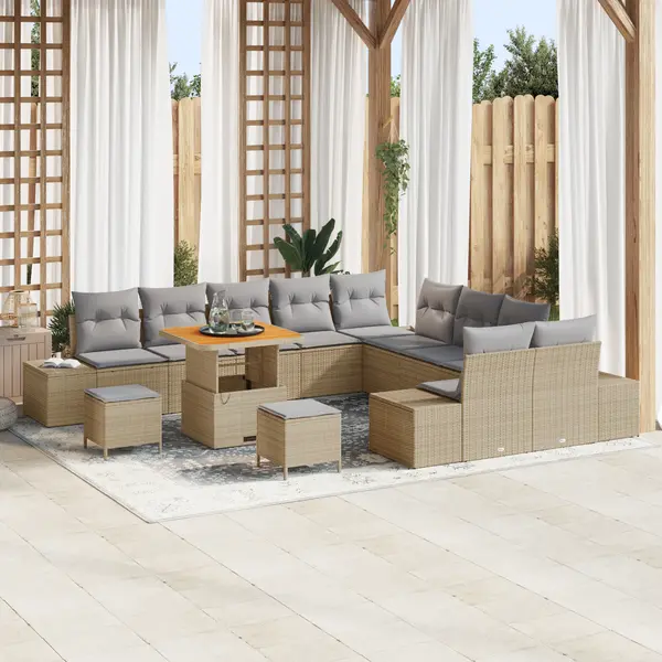 Set canapele de gradina Gossi 13 piese cu perne bej poli ratan acacia, canapea de gradina Gossi cu 2 locuri cu perne bej poli ratan, set de dining de gradina Gossi 3 piese cu perne bej poli ratan acacia