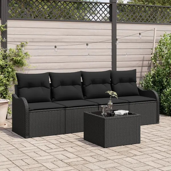 Set canapele gradina 5 piese cu perne negru poliratan, canapea gradina 2 locuri cu perne negru poliratan