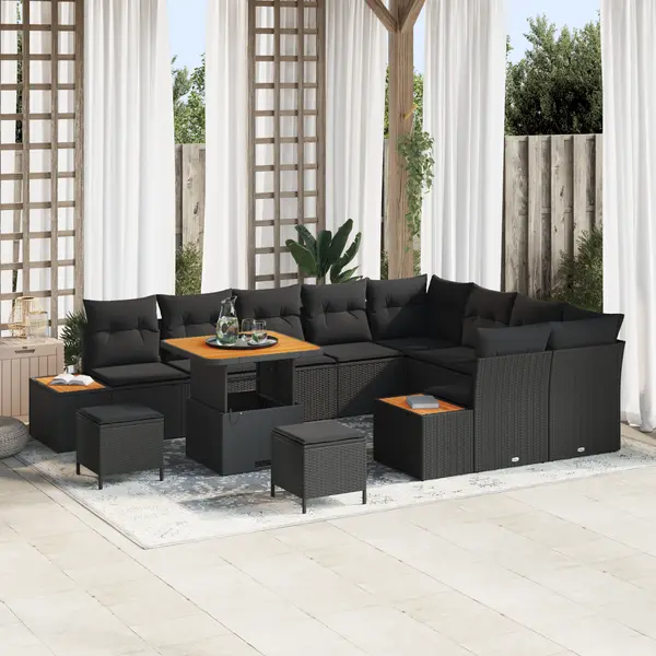 Set canapele gradina Gossi 12 piese cu pernute negru ratan poli acacia, canapea gradina Gossi 2 locuri cu spatiu depozitare si pernute negru ratan poli, set dining gradina Gossi 3 piese cu pernute negru ratan poli acacia