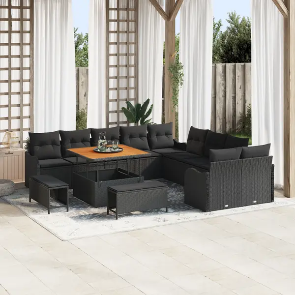 Set canapele gradina Gossi 13 piese pernute negru poliratan acacia, set canapea gradina Gossi 2 piese pernute negru poliratan, set masa gradina Gossi 3 piese pernute negru poliratan acacia