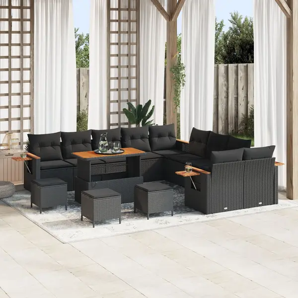 Set canapele gradina Gossi 14 piese cu perne negru poliratan acacia, set dining gradina Gossi 4 piese cu perne negru poliratan acacia