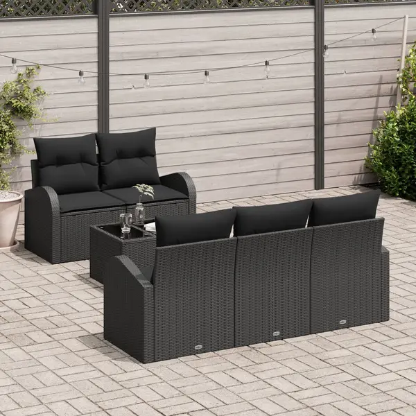 Set canapele gradina Gossi 6 piese cu perne negre ratan poli, canapea gradina Gossi 2 locuri cu spatiu stocare & perne negre ratan poli