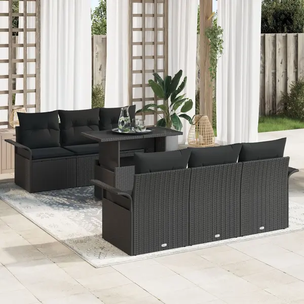Set canapele gradina Gossi 7 piese negru ratan poli, canapea gradina 2 persoane cu depozitare si perne negru ratan poli