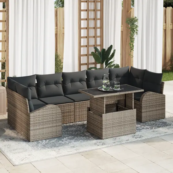 Set canapele gradina Gossi 8 piese cu perne gri din ratan poli, canapea gradina Gossi 2 locuri cu depozitare si perne gri din ratan poli