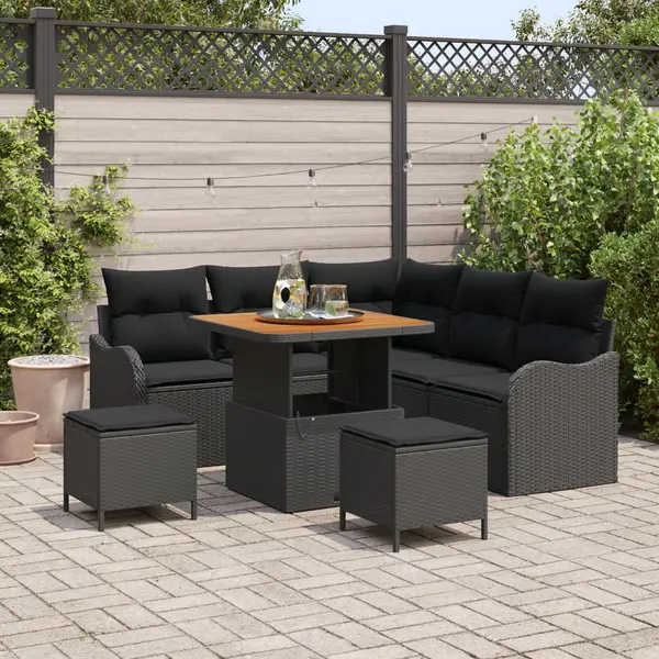 Set canapele gradina Gossi 8 piese cu perne negru din ratan poli acacia, set canapea gradina Gossi 2 locuri cu perne negru din ratan poli, set dining gradina Gossi 3 piese cu perne negru din ratan poli acacia
