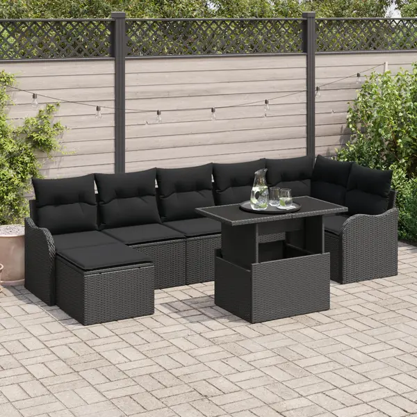 Set canapele gradina Gossi 8 piese perne ratan poli negru, canapea gradina Gossi 2 locuri perne ratan poli negru