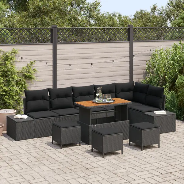 Set canapele gradina Gossi 9 piese cu perne negru ratan acacia, canapea gradina Gossi 2 locuri cu perne negru ratan poliester, set dining gradina Gossi 3 piese cu perne negru ratan acacia
