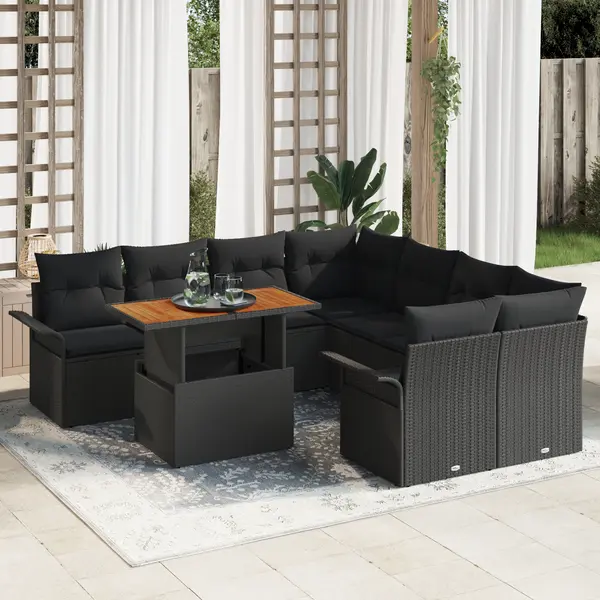 Set canapele gradina Gossi 9 piese cu perne negru ratan poli, canapea gradina Gossi 2 locuri cu depozitare si perne negru ratan poli