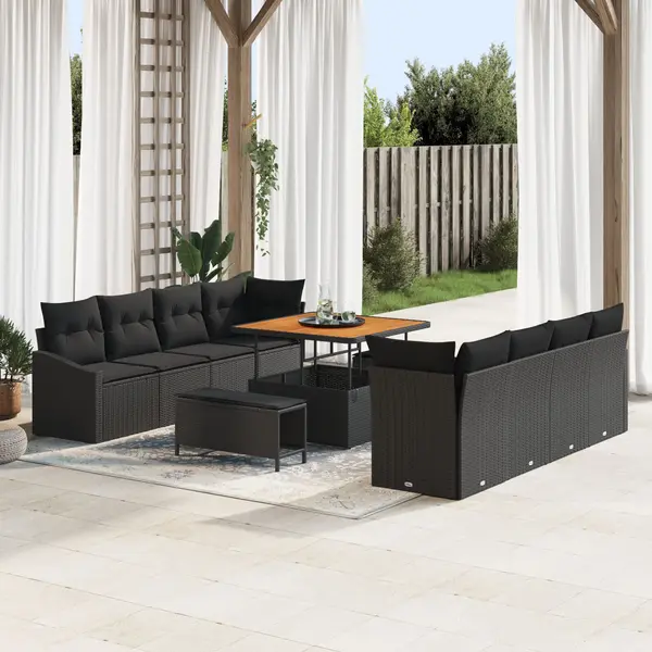 Set canapele gradina Gossi cu perne negre din ratan poli si acacia, canapea gradina Gossi cu depozitare si perne negre din ratan poli, set dining gradina 3 piese cu perne negre din ratan poli si acacia