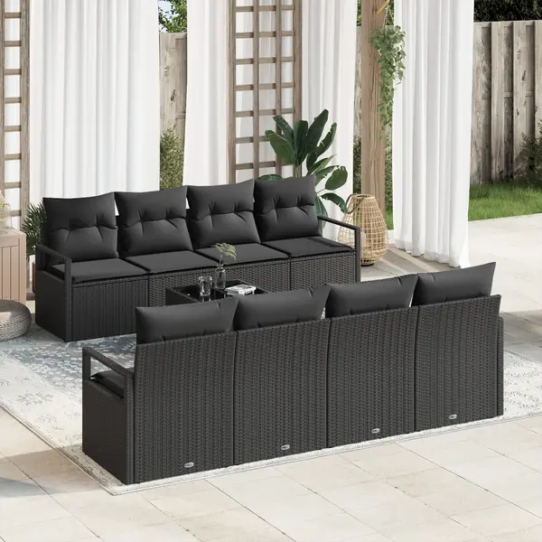 Set canapele gradina Gossi cu perne negru poli ratan, canapea gradina Gossi cu 2 locuri si stocare & perne negru poli ratan