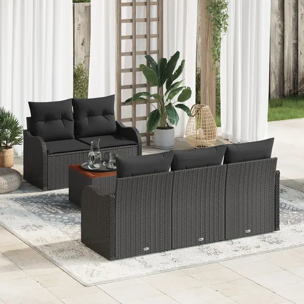 Set canapele gradina Gossi cu perne negru ratan poli acacia, canapea gradina Gossi 2 locuri cu depozitare si perne negru ratan poli